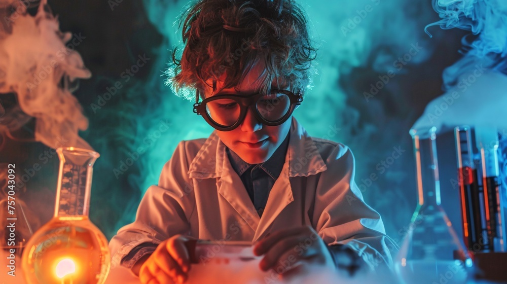 Unconventional scientist. Adolescent conducting tests.