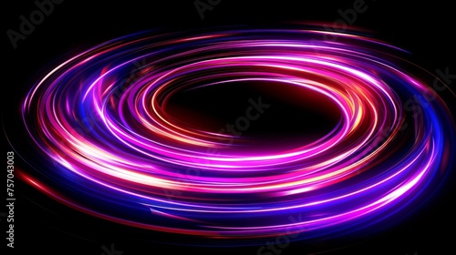 Fast light motion speed effect. Abstract neon red, purple rays, circular centric motion on black background, perspective travel route, explosion energy warp illustration.