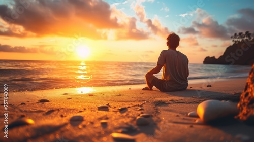 A man sits on the beach, looking out at the ocean as the sun sets