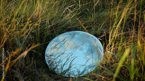 Round mirror in a field with grass. Reflection of nature