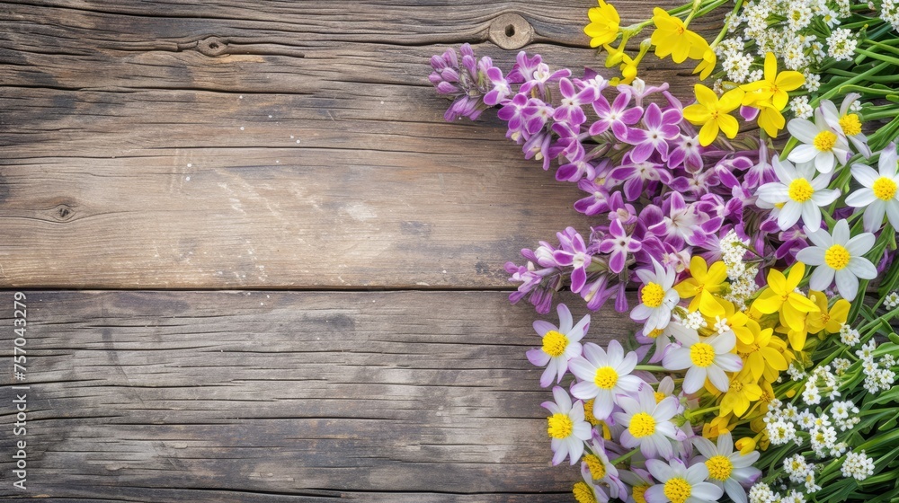 A wooden background with a variety of flowers including yellow and purple