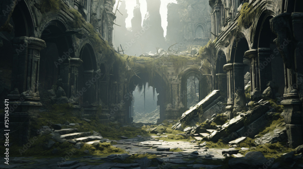 An ancient ruin in a postpocalyptic world