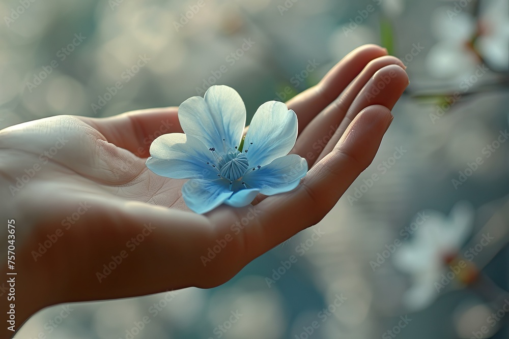 A hand holding a blue flower