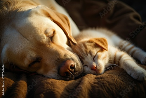 A dog and a cat are sleeping together on a couch © BetterPhoto