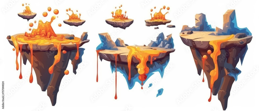 A set of flying pieces of ground for level maps and gui jumps with floaty islands of rocky land with hot orange lava liquid. - obrazy, fototapety, plakaty 