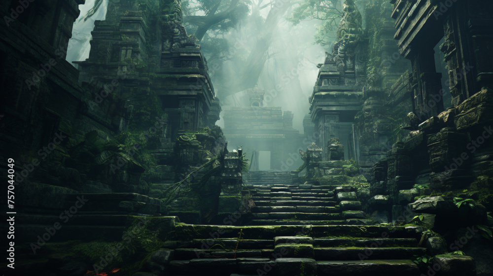 Fototapeta premium An ancient temple hidden in a foggy jungle