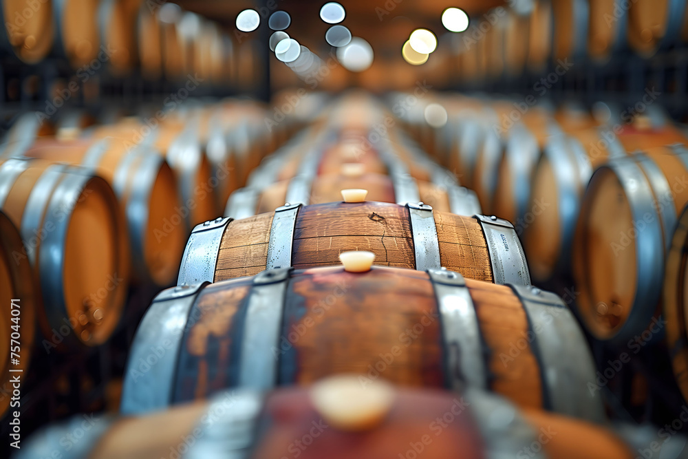 Rows of Wine Barrels in a Wine Cellar - obrazy, fototapety, plakaty 