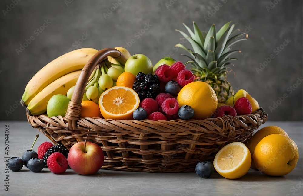 Fresh and colorful fruits in a wicker basket on a gray background Fresh and colorful fruits in a wicker basket on a gray background
