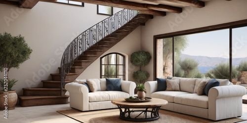  living room featuring a couch, coffee table, and armchair. The stairs in the background lead to the second floor.