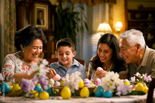 cute Asian family painting Easter eggs at home. kids and grandparents prepare for Easter