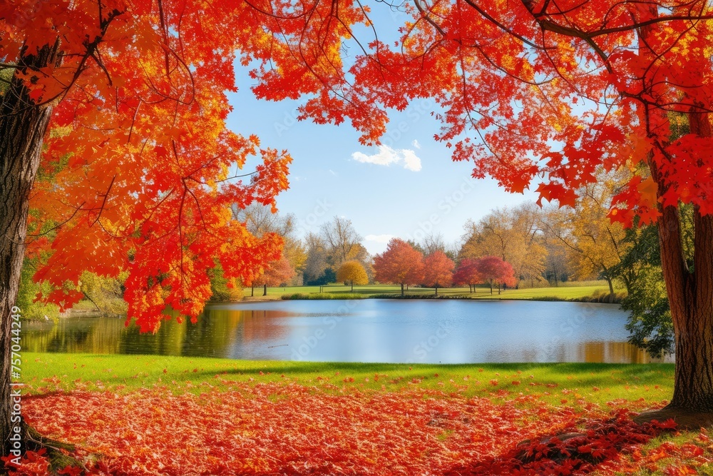 A beautiful autumn scene with a lake and trees
