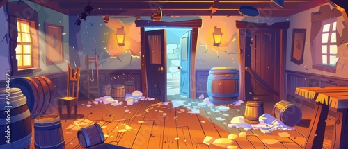 This cartoon depicts a primitive tavern that has been destroyed after a fight between cowboys. It has a broken door, broken chairs, crushed glass bottles, cobwebs, and garbage strewn around the photo