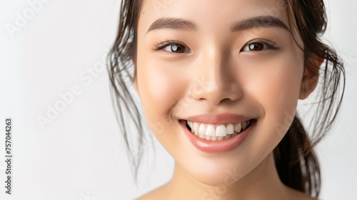 Beautiful Asian lady with a cheerful expression, standing alone on a white backdrop, representing beauty and dental care.