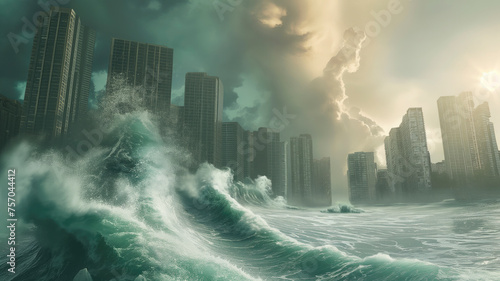 Giant Tsunami rolling towards a modern City photo