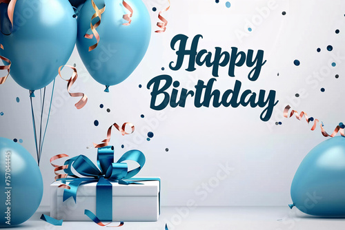 Happy birthday for you with gift boxes and balloons, birthday party balloons, balloons and confetti card background mockup, blue gift box with ribbon