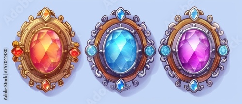Cartoon modern illustration set of metal and wood circle borders. Fantasy round golden, silver, and wooden badge with jewelry. Game decorative frames with vintage florish ornament and gem stones. photo