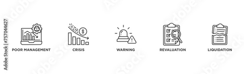 Business failure banner web icon vector illustration concept with icon of poor management, crisis, warning, revaluation and liquidation