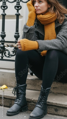 A woman in a gray coat and black pants sits on a curb