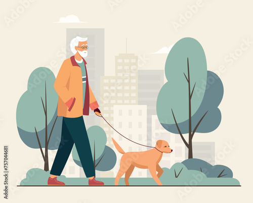 Active happy gray-haired bearded  elderly man walking his dog in the city park. Healthy men lifestyle. Elder grandfather walking park. Vector illustration