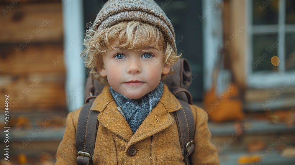 A young student in uniform enters, an adorable blond boy with a backpack. A young student in uniform enters, an adorable blond boy with a backpack.