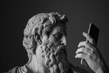 Zeus statue with smartphone, a monochromatic fusion of antiquity and the digital era. Black and white