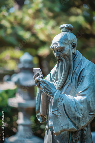 Confucius statue engrossed in a smartphone, blending historical wisdom with modern technology. Defocused China green park at background. Cover page