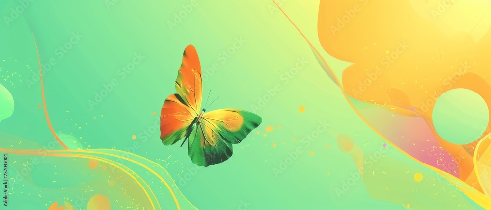 An abstract shape and butterfly ornament on a pastel green and yellow aura gradient background create an aesthetic 2000s poster design.