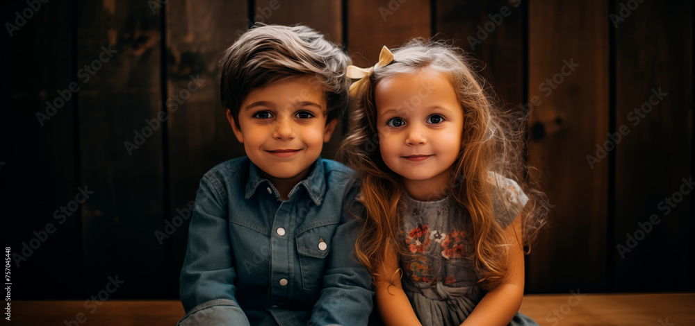 National Siblings Day. A boy and a girl, brother and sister, sitting next to each other and smiling, family. Portrait of cute children National Siblings Day. A boy and a girl, brother and sister, sitting next to each other and smiling, family. Portrait of cute children