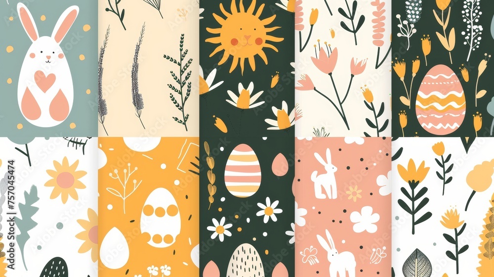 Modern seamless pattern of Easter eggs, flowers, rabbits, and sun in a square background. Perfect for prints, wallpaper, covers, packaging, kids, and ads. Modern seamless pattern of Easter eggs, flowers, rabbits, and sun in a square background. Perfect for prints, wallpaper, covers, packaging, kids, and ads.
