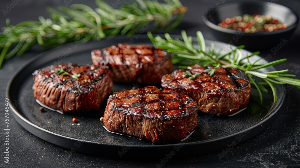 Juicy steaks served on a black plate with fresh rosemary