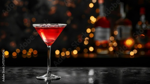 Cosmopolitan cocktail on dark background. Glass of alcoholic drink