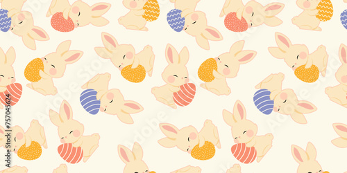 Cute hand drawn Easter seamless pattern with bunnies, easter eggs. Beautiful background. Ideal for Easter Cards, banner, textiles, wallpapers, packaging, banner, poster, header for website.