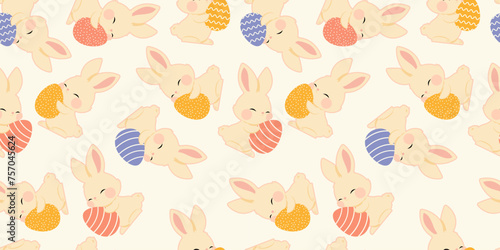 Cute hand drawn Easter seamless pattern with bunnies, easter eggs. Beautiful background. Ideal for Easter Cards, banner, textiles, wallpapers, packaging, banner, poster, header for website.