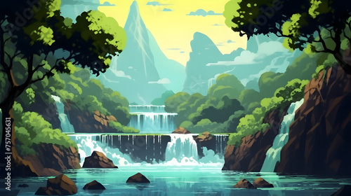 beautiful waterfall and flowing river illustration