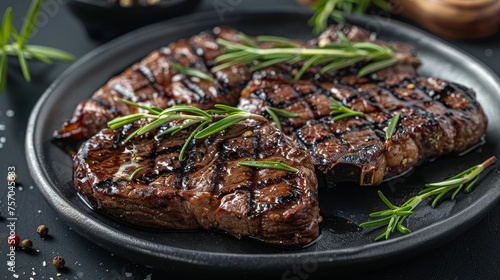 Juicy steaks served on a black plate with fresh rosemary