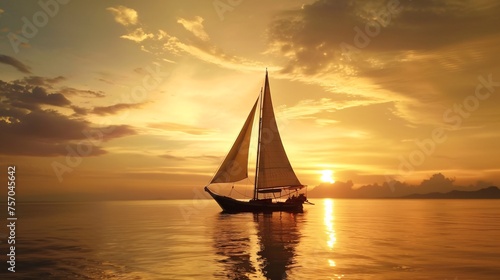 A vessel gliding on the harbor during Sundown in Thailand.