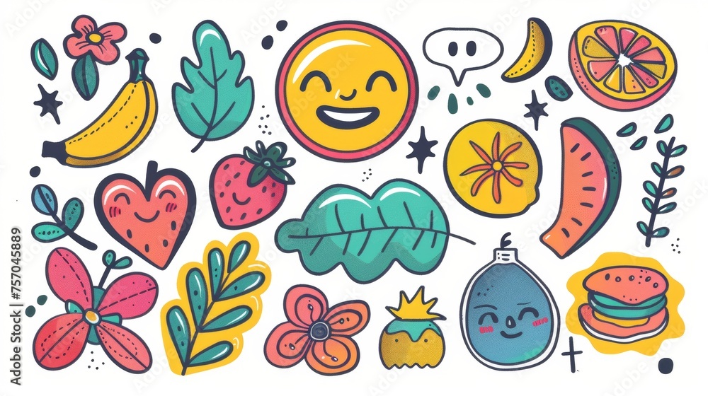 Modern set with funky groovy elements. Characters, doodle smile faces, leaves, lemons, flowers, speech bubbles. Retro hippie design for decorative, sticker, kids, and clipart. Modern set with funky groovy elements. Characters, doodle smile faces, leaves, lemons, flowers, speech bubbles. Retro hippie design for decorative, sticker, kids, and clipart.