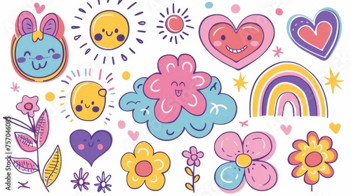 Funky groovy modern set with cartoon characters  flower  heart  cloud  bubble  hello. Cute retro groovy hippie design for decorative  sticker  kids  clipart  and more.