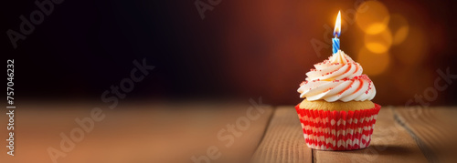 Birthday greeting concept. candle on a cupcake.
