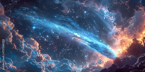 A bright blue comet in night sky,space
