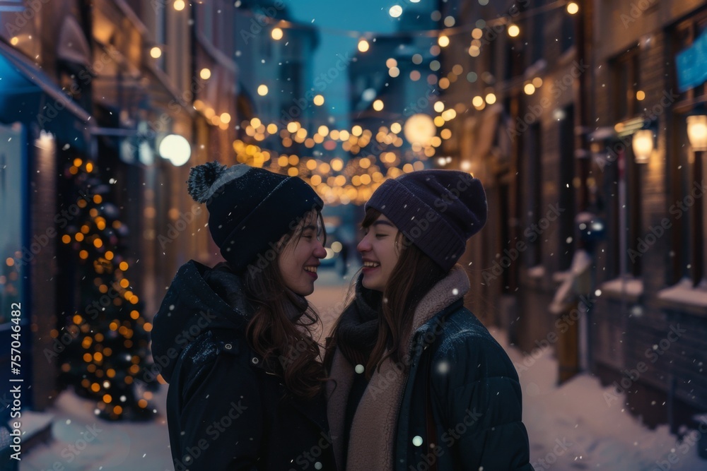 Atmospheric winter photo with two girlfriends against the backdrop of an evening alley lit by lights. Atmospheric winter photo with two girlfriends against the backdrop of an evening alley lit by lights.
