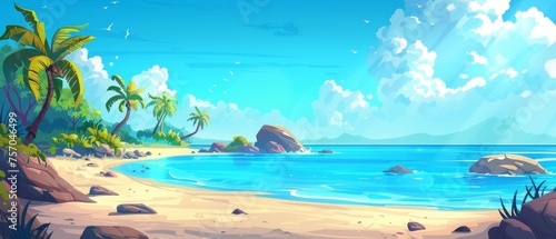 Sunny tropical coast landscape with calm blue water, sand, rock, palm trees and an empty sky full of clouds. Cartoon modern summer sunny day scenery of paradise ocean lagoon sandy shore.