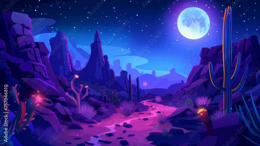Modern illustration of a night canyon desert landscape with cacti and neon fireflies. Illustration of a wild terrain with rocky stones, a moon and stars, neon fireflies on sandy ground, and exotic