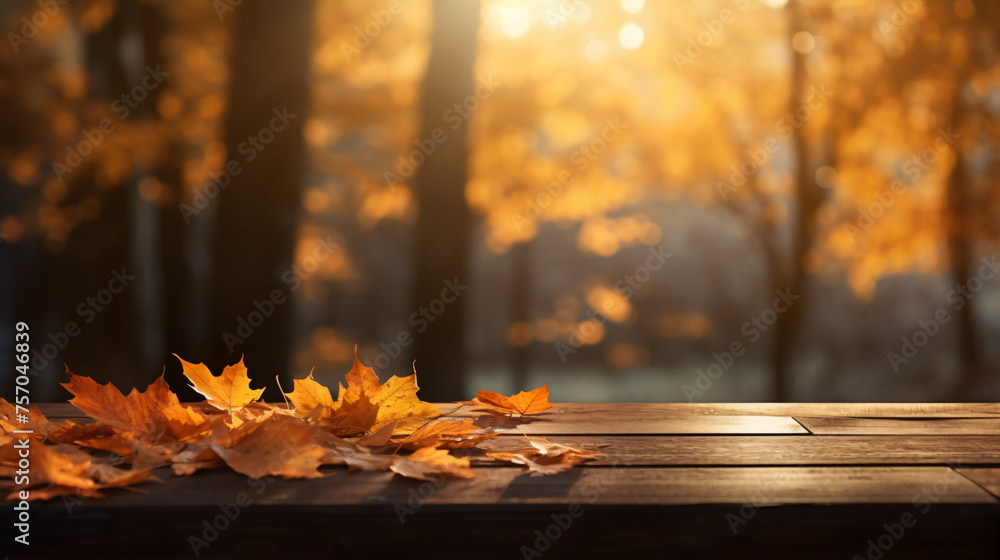 Autumn Table  Orange Leaves And Wooden Plank At Sunse