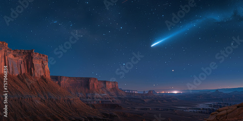 A bright comet flying in sandstone cliffs at night,
