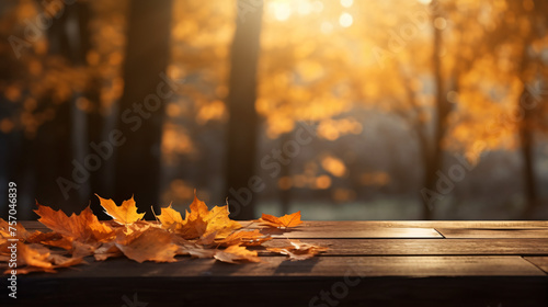 Autumn Table  Orange Leaves And Wooden Plank At Sunse