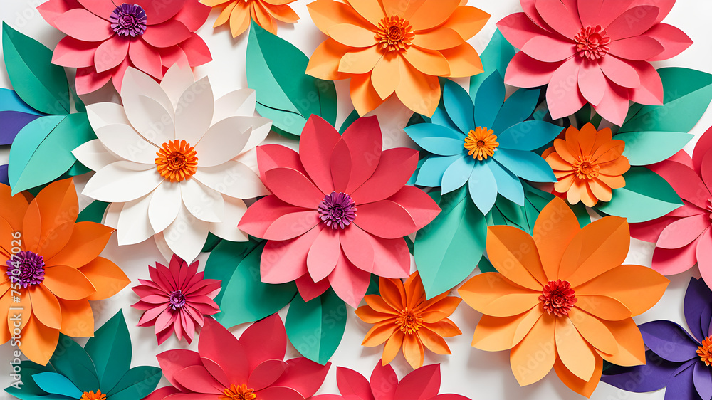 Paper flowers background. Paper origami flowers. Origami paper craft.