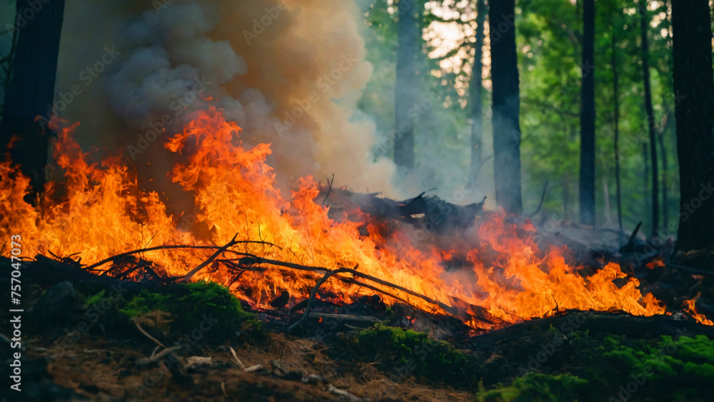 A close-up view of a devastating forest fire with vibrant flames engulfing the forest floor and vegetation