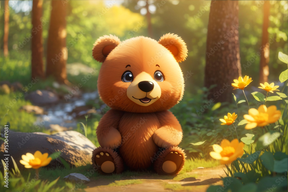 Charming animated bear cub sitting serenely among vibrant yellow wildflowers in a peaceful forest Charming animated bear cub sitting serenely among vibrant yellow wildflowers in a peaceful forest