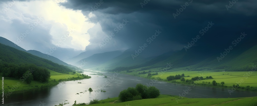 Spring or summer landscape with a river in a valley on the background of mountains before a thunderstorm Spring or summer landscape with a river in a valley on the background of mountains before a thunderstorm